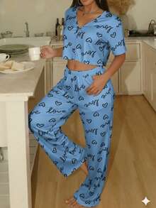 Women's Pajama Set Sleepwear Blouse And Cropped Top With Heart Print, Button-Down Cropped Top, Elastic Waist Pants, Warm Suede, Everyday Wear, Sizes P, M, G, GG, Night Comfort Line - 淺藍色 - 查看 3