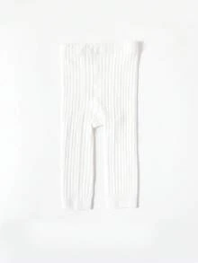 1pc Striped Cropped Leggings, Snug Fit, Suitable For Layering Under Skirts - White - View 3