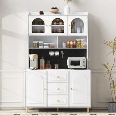 Tall Cabinet With Pegboard And Solid Wood Legs, Bar Cabinet With Storage Space, Kitchen Sideboard With Drawers, Ideal For Kitchen And Dining Room (White)