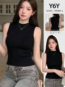 Áo tank top dệt kim ngắn tay dáng suông, ôm dáng, màu đen, dành cho nữ, kiểu dáng thường ngày, màu hè 2026 của Y6Y. - màu đen - Xem 10