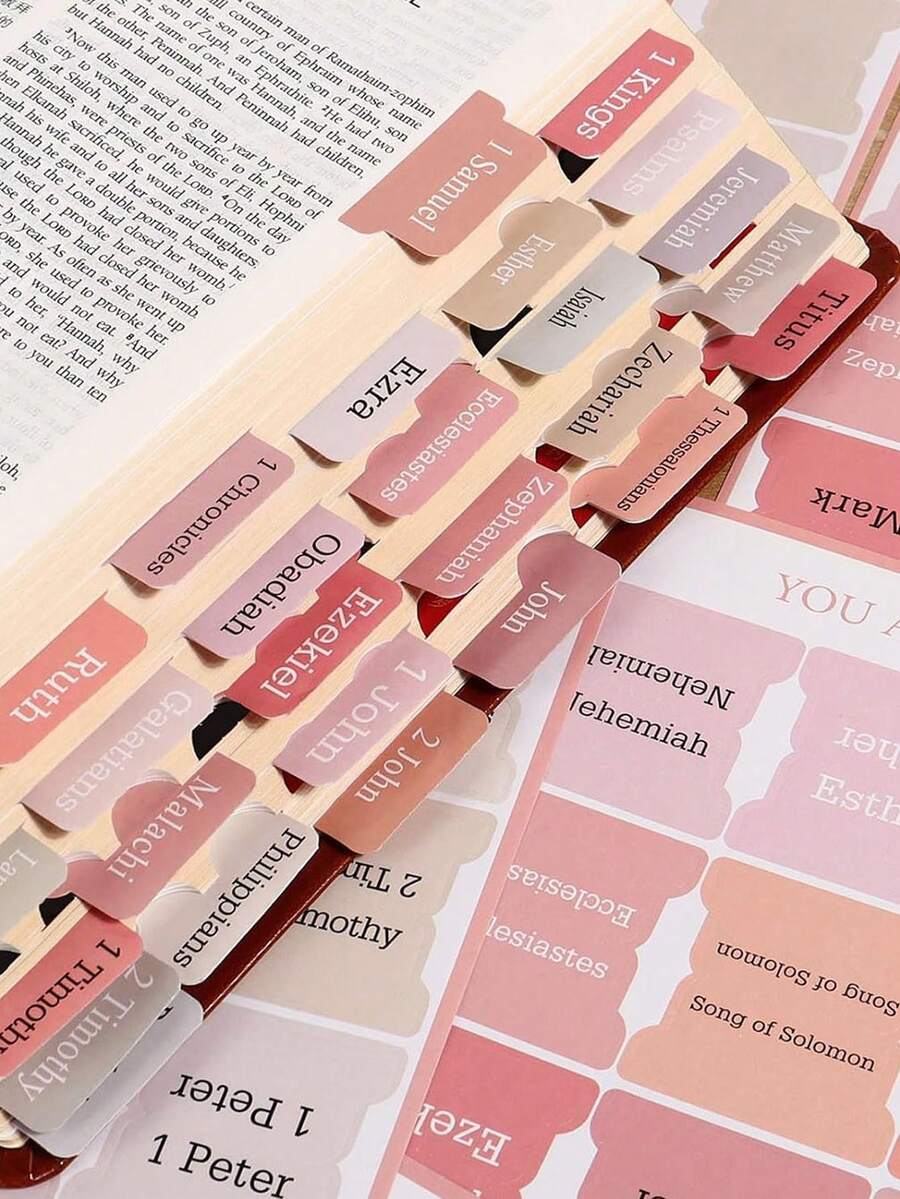 1 Set (5 Pcs) Pink Bible Index Tabs, Men & Women Bible Study Labels, Easy-To-Read Bible Book Tabs For Bible Index Labeling - Index Stickers - View 1