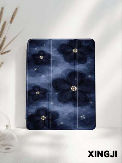 1pc Luxury Navy Blue Floral Pattern Tablet Protective Case, Compatible With 10.2" 10th/ (A16) 11" 11th 2025, Pro 11" 2021/2020, Galaxy Tab A8 10.5" 2022, Matepad 10.4/Tab, With Pencil Slot, Anti-Drop, Tablet Stand, Auto Sleep/Wake