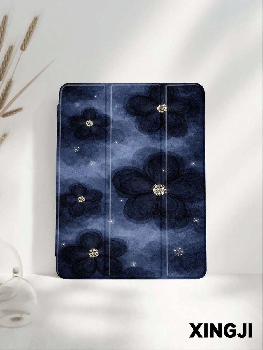 1pc Luxury Navy Blue Floral Pattern Tablet Protective Case, Compatible With 10.2" 10th/ (A16) 11" 11th 2025, Pro 11" 2021/2020, Galaxy Tab A8 10.5" 2022, Matepad 10.4/Tab, With Pencil Slot, Anti-Drop, Tablet Stand, Auto Sleep/Wake - Multicolor - View 1