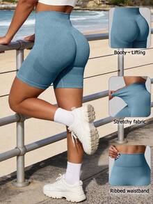 1pc Women's Blue Seamless Elastic Lifting Butt Tight Shorts, Fashionable Peach Butt Running Training Gym Yoga Shorts - Blue - View 1