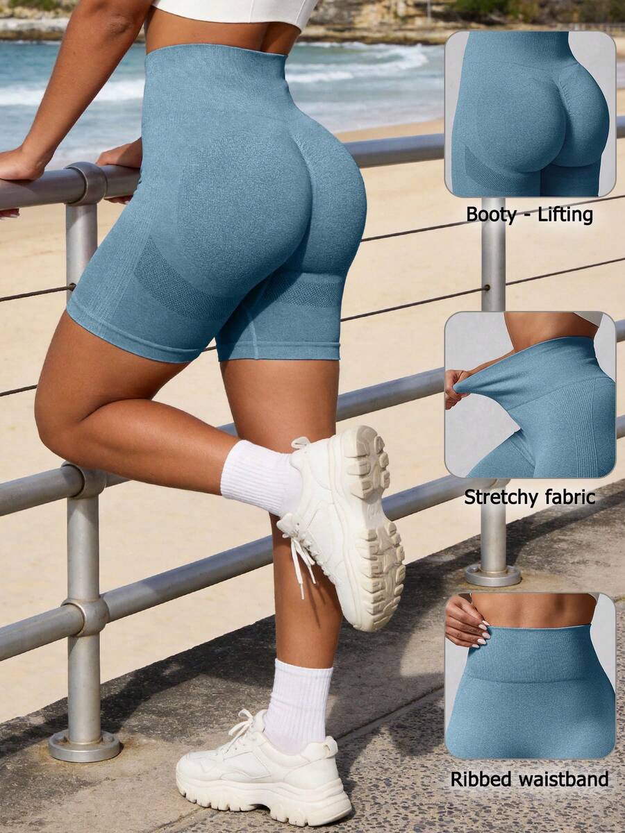 1pc Women's Blue Seamless Elastic Lifting Butt Tight Shorts, Fashionable Peach Butt Running Training Gym Yoga Shorts - Blue - View 1