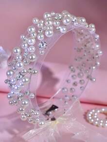 1pc White Pearl & Rhinestone Handmade Elegant Bridal Sash/Belt, Suitable For Wedding Dress, Evening Gown, Party & Celebration - White - View 4