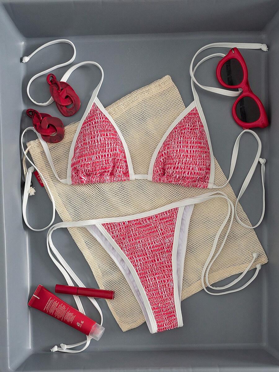 女士红白褶皱面料比基尼套装，三角挂脖滑动罩杯细系带比基尼上衣，侧边系带可调节下装，低腰高衩性感夏季海滩度假装 - 紅色 - 查看 1