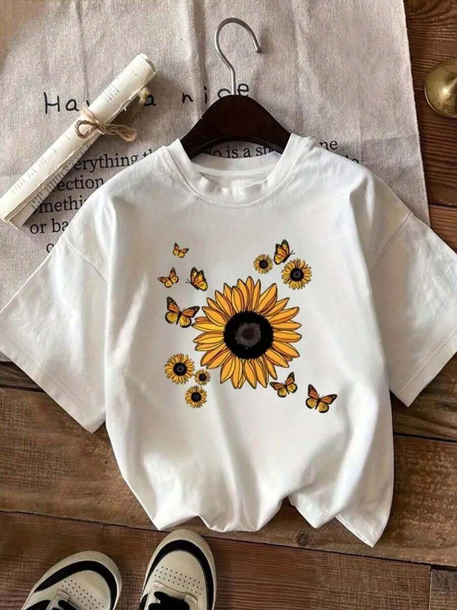 Women's Sunflower Butterfly Shirt, Casual Basic Style, 100% Cotton, Summer Style With Round Neck. - 白色 - 查看 1