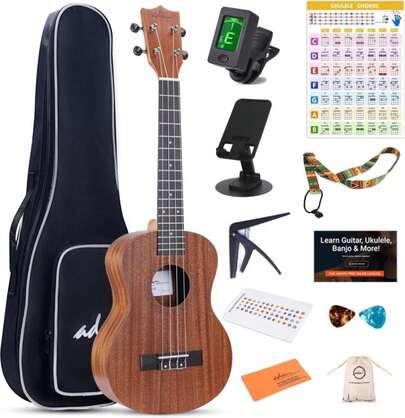ADM Ukulele Beginner Kit Mahogany Hawaiian Wood Ukelele Bundle Ukalalee Set With Uke Free Starter Lessons For Beginners Students And Adults, Yellow Brown (Khaki, 26 Inch)