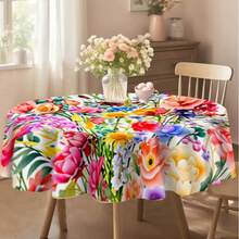1件春季彩色花卉圆形桌布，适用于日常客厅、餐厅、节日派对、户外婚礼 - 可机洗，100% 涤纶防尘罩 - 彩色 - 查看 2