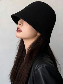 Sombrero de cubo de estilo coreano versátil para otoño/invierno de las mujeres, sombrero de cubo con marco, pasamontañas de punto de lana - Negro - Ver 7