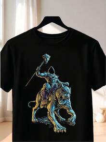 Black Neutral T-Shirt, Made of 100% Pure Cotton, Weighing 220 Grams, Featuring a Bold "Warrior on Panther" Pattern, Perfect for Casual Wear Outside. - Negro - Ver 1