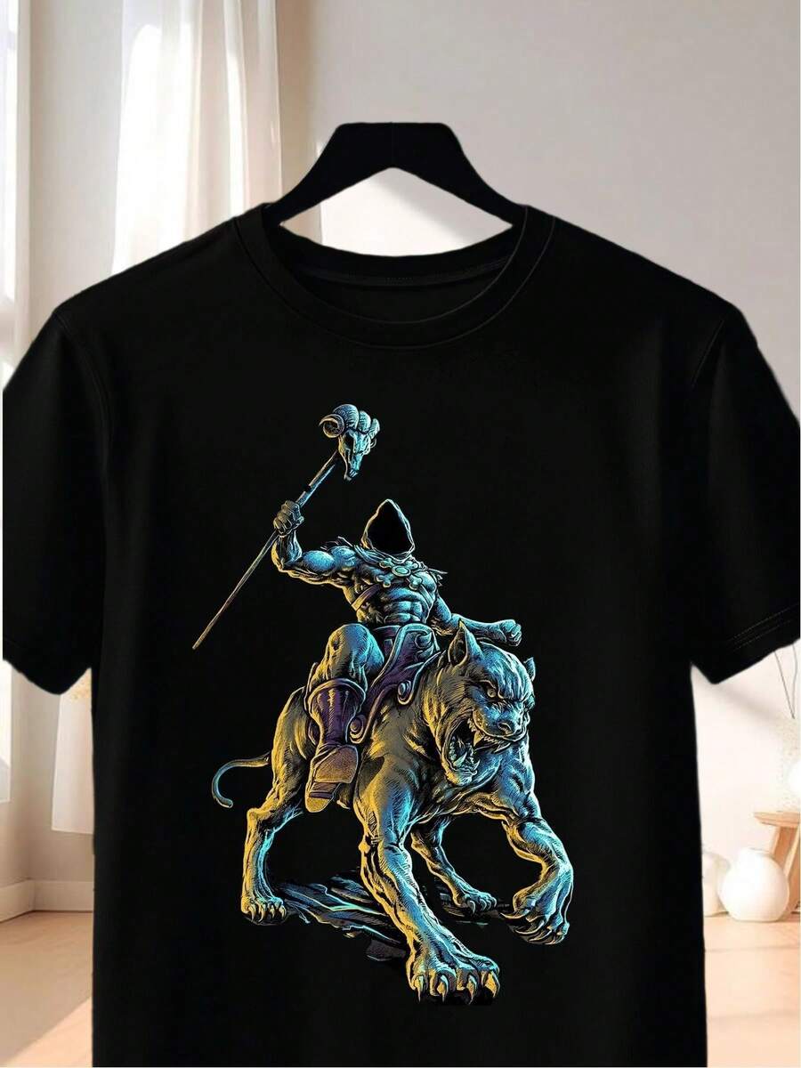 Black Neutral T-Shirt, Made of 100% Pure Cotton, Weighing 220 Grams, Featuring a Bold "Warrior on Panther" Pattern, Perfect for Casual Wear Outside. - Negro - Ver 1
