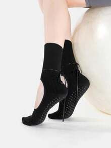 1 Pair Ballet Style Feather Textured Round Neck Yoga Socks With Bow, Women's Non-Slip Grip Yoga Dance Fitness Socks, Breathable Ankle Support Design - Multicolor - View 8