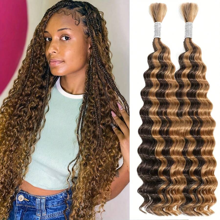 2 Bundles 100g 4/27 Wet & Wavy Human Braiding Hair - Deep Wave Bulk No Weft Brazilian Virgin Curls, Smoother Natural Realistic For Boho Braids, Everyday & Holiday Parties - S4/27 - View 1