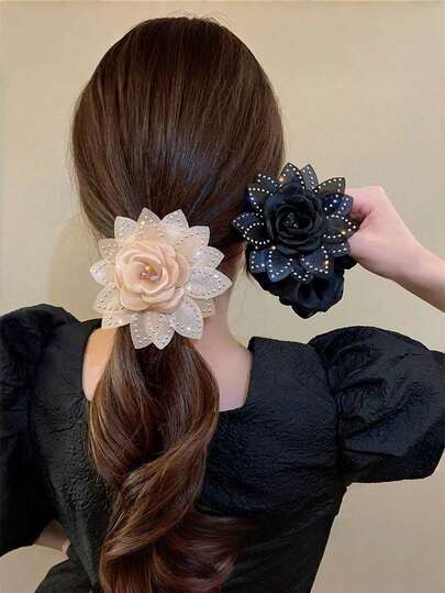 2 pièces Élégant Vintage Printemps Cristal Maille Fleur Chouchous, Tissu Léger, Élastiques à Cheveux, Convient pour le Port Quotidien, Décoration de Fête, Accessoires de Cheveux Gracieux