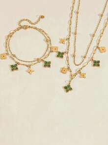 TONSI 1 Set Elegant Charming Personalized Luxury Vintage Western Minimalist Fashionable High-End Stainless Steel Cubic Zirconia 18K Gold Plated Four-Leaf Clover Floral Diamond Jewelry Set, Suitable For Summer, Holidays, Travel, Work, Daily Wear, Parties, Gatherings For Women - Multicolor - View 16