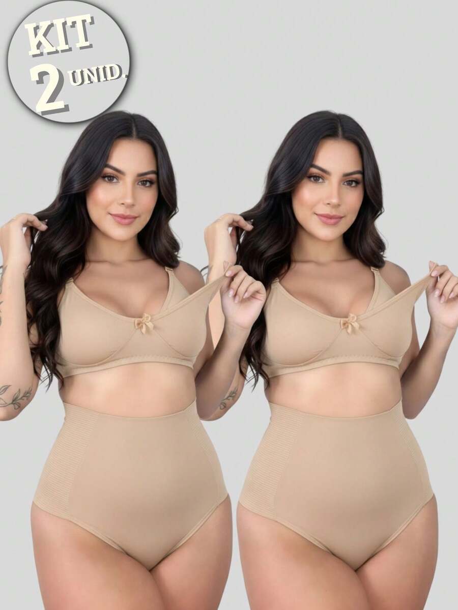 KIT 02 Maternidade Sutiãs Amamentação MICROFIBRA + Calcinhas Cinta Modeladora Pós Parto GALENA - Bege - Visão 1