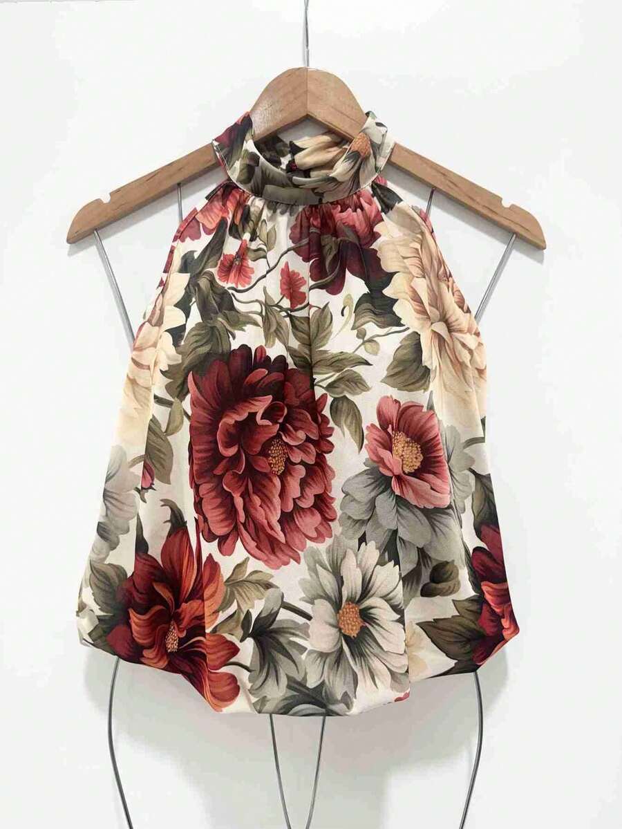 Stylish Women's Floral High Neck Blouse - Red - View 1