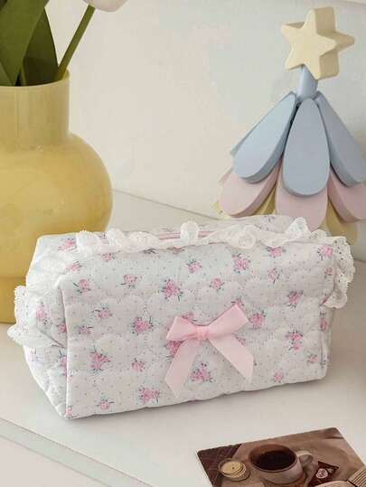 Women's Sweet Flower Cosmetic Bag-Pink Rose Design With Ruffles And Ribbon Bow, Polyester Fiber Cosmetic Bag, Portable Travel Daily Necessities Storage Bag (Japanese And Korean Style), Cute Shape, Visual Appeal
