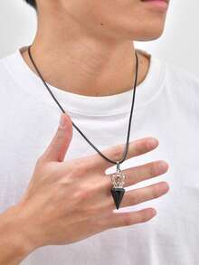 1pc Minimalist Stainless Steel Crown & Natural Tiger Eye Stone Pendant Necklace For Men, Father's Day Gift - Silver - View 6