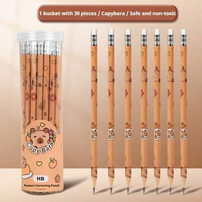 12支/30支装水豚主题铅笔，带橡皮擦，适合艺术家和学生使用，笔身饰有可爱的水豚图案，可用于绘画、素描和书写。返校用品、学生礼物、节日礼物。