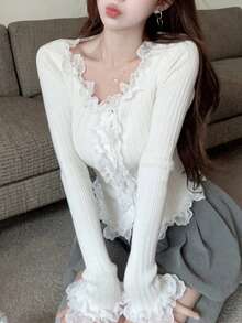 Lace Trim Fitted Knit Cardigan - White - View 5
