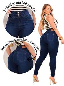 Women's Jeans With Elastic Waistband, High Waist With Lycra, Butt-Lifting Effect - Azul lavado oscuro - Ver 7