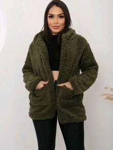 Simple Casual Party Woolen Fabric Fuzzy Coat Everyday Winter - Army Green - View 3