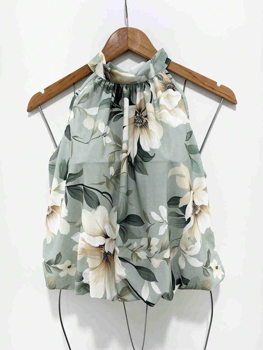 Blusa Feminina estilosa Floral gola alta - Verde Menta - Visão 1