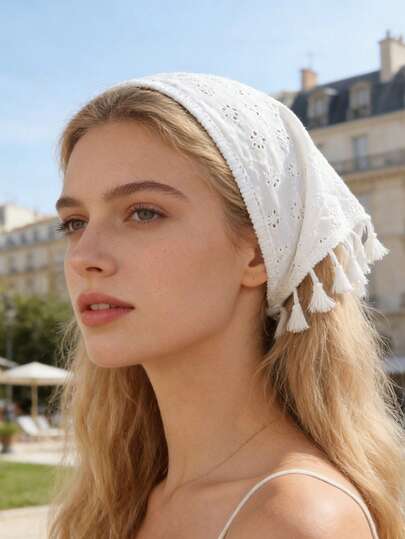 1条白色镂空刺绣流苏头巾，蕾丝边三角发带，适合乡村、波西米亚风、日常、海滩、音乐节、复古新娘发型、春夏装扮