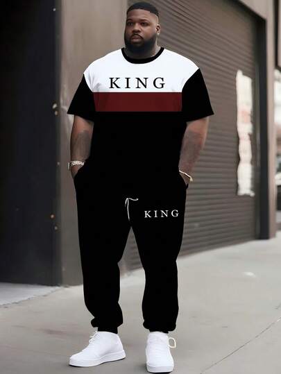 Plus Size Men's Exclusive Black, White, Wine Red Contrast "KING" Letter Print Short Sleeve & Drawstring Pants Set, Loose Fit Slimming Two Pieces Outfit, Round Neck Tee With Casual Sweatpants, Fashionable Tracksuit
