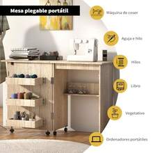 Mesa para Maquina de Coser Plegable Multifuncional Mesa de Trabajo Plegable Portatil con 3 Bandejas de Almacenamiento Ruedas Bloqueables y Estantes Blanco - Beis - Ver 4