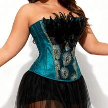 1pc Women's Elegant Peacock Print Corset Belt - Vintage Lace, Navy Satin, Humorous Halloween Costume - Multicolor - View 21