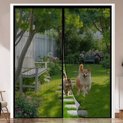 1pc Extra Large Magnetic Black Fiberglass Mesh Black Sheer Screen Door, Magnetic Fiberglass Mesh Black Mosquito Proof Breathable Screen Door Curtain, Fashionable Home Magnetic Mesh Screen Door Curtain, Suitable For Multiple Scenes, Garage Door, Screen Door, Window Screen