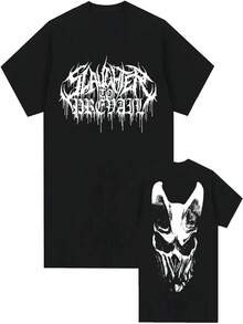 White Logo Mask Pattern T-Shirt, SLAUGHTERTOPREVAIL Rock Band T-Shirt, Hip-Hop Unisex Streetwear, Pure Cotton Short-Sleeved Men's T-Shirt, Valentine's Day Outerwear, Concert Attire. - Black - View 1