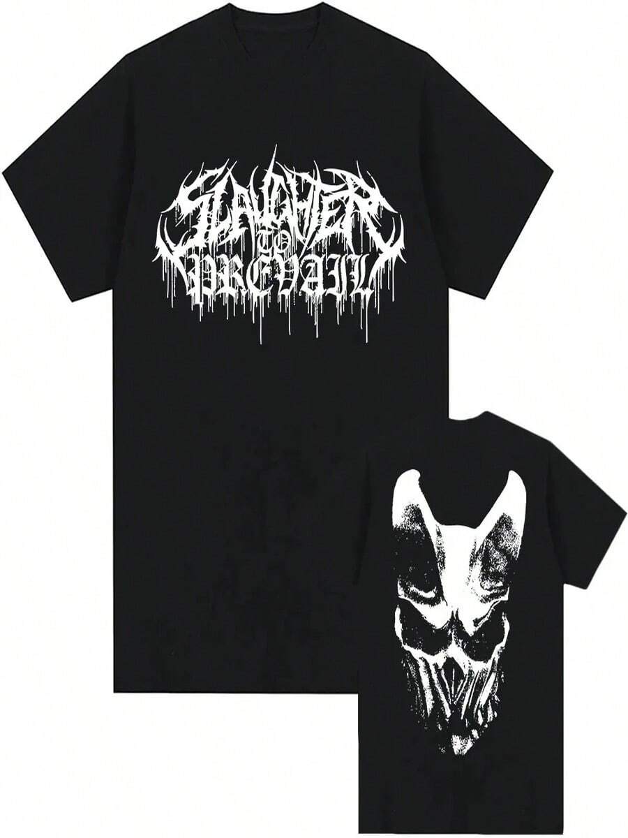 White Logo Mask Pattern T-Shirt, SLAUGHTERTOPREVAIL Rock Band T-Shirt, Hip-Hop Unisex Streetwear, Pure Cotton Short-Sleeved Men's T-Shirt, Valentine's Day Outerwear, Concert Attire. - Black - View 1