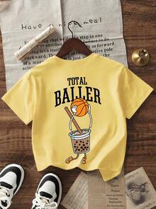 Tween BoyCartoon Basketball & Bubble Tea Print Round Neck Short Sleeve T-Shirt, New Spring/Summer Kids Graphic Tee - Yellow - View 1