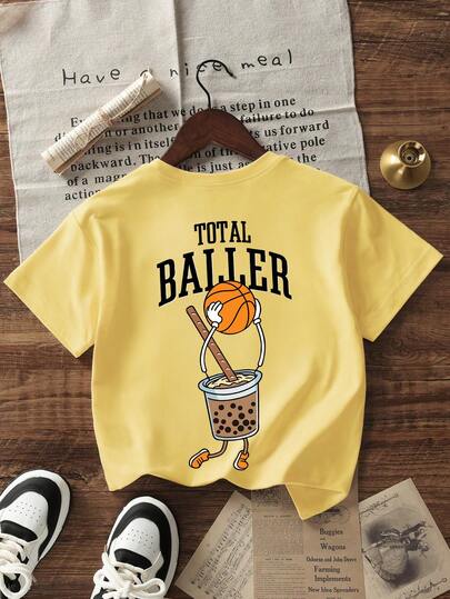 Tween BoyCartoon Basketball & Bubble Tea Print Round Neck Short Sleeve T-Shirt, New Spring/Summer Kids Graphic Tee