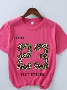 2pcs Tween Girl Casual Summer Set, Digit Print Simple T-Shirt And Leopard Print Leggings, Suitable For Spring/Summer, Back To School, Outdoor/Home/Travel Outfit - Hot Pink - View 3