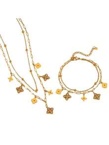 TONSI 1 Set Elegant Charming Personalized Luxury Vintage Western Minimalist Fashionable High-End Stainless Steel Cubic Zirconia 18K Gold Plated Four-Leaf Clover Floral Diamond Jewelry Set, Suitable For Summer, Holidays, Travel, Work, Daily Wear, Parties, Gatherings For Women - Multicolor - View 17