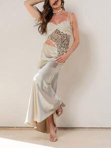 Women's Summer Slim Knit Crop Tops Tie-Up Spaghetti Strap Camisole Y2K V-Neck Split Hem Cutout Sequin Tank Tops For Beach Vacation Boho Streetwear - Màu be - Xem 4