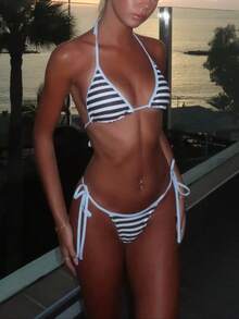 Women's Y2K Vintage Stripe Bikini Swimsuit Sets Halter Neck Bra Tops And Bottoms 2Pcs Summer Beach Vacation Outfit Bathing Swimwear Triangle Bathing Suit - 淺藍卡色 - 查看 4