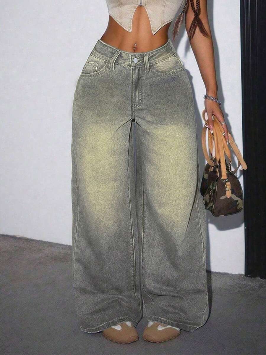 Jeans anchos y sueltos de mujer con bolsillos, adecuados para el uso diario en primavera - Retro - Ver 1