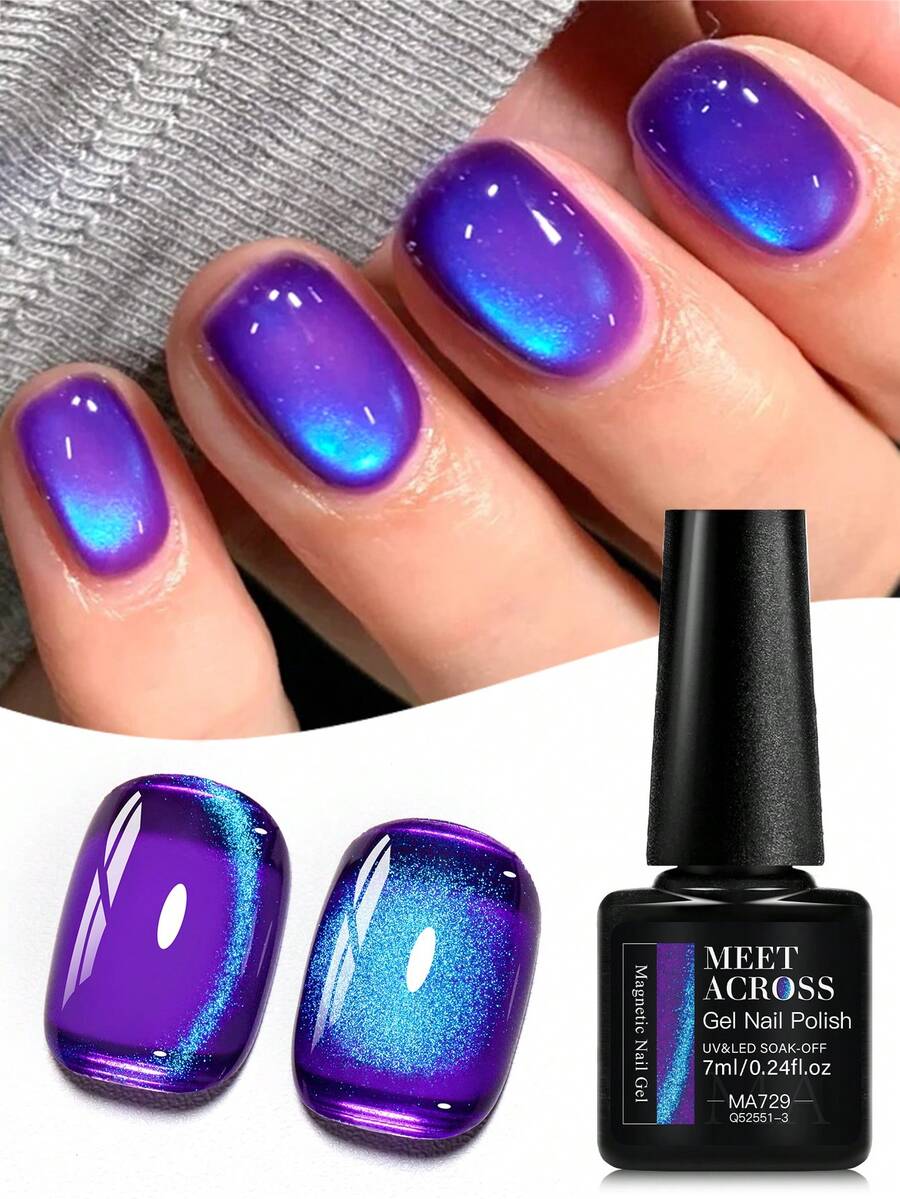 MEET ACROSS 1pc 7ml Jelly Colored Stone Cat Eye Gel Nail Polish, Ultral Shine Gradient Magnetic Semi Permanent Soak Off UV Gel Varnish For Summer Nails, Manicure Nail Art Degign For Home And Salon Nail Supplies - 彩色 - 查看 1