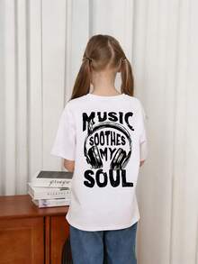 青少年女孩休闲图案印花圆领短袖 T 恤，夏季上衣 - 白色 - 查看 2