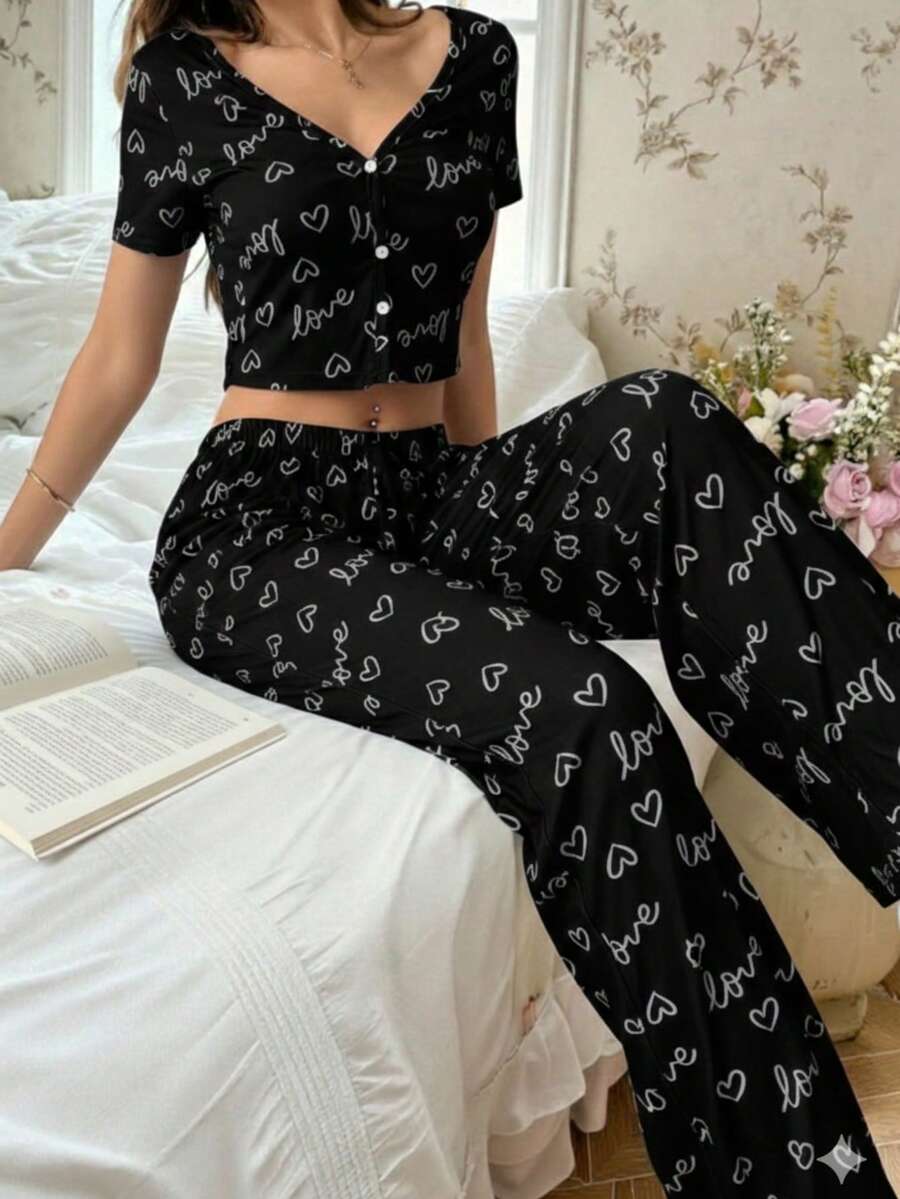 Women's Pajama Set Sleepwear Blouse And Cropped Top With Heart Print, Button-Down Cropped Top, Elastic Waist Pants, Warm Suede, Everyday Wear, Sizes P, M, G, GG, Night Comfort Line - 黑色 - 查看 1