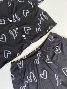 Women's Pajama Set Sleepwear Blouse And Cropped Top With Heart Print, Button-Down Cropped Top, Elastic Waist Pants, Warm Suede, Everyday Wear, Sizes P, M, G, GG, Night Comfort Line - 黑色 - 查看 6