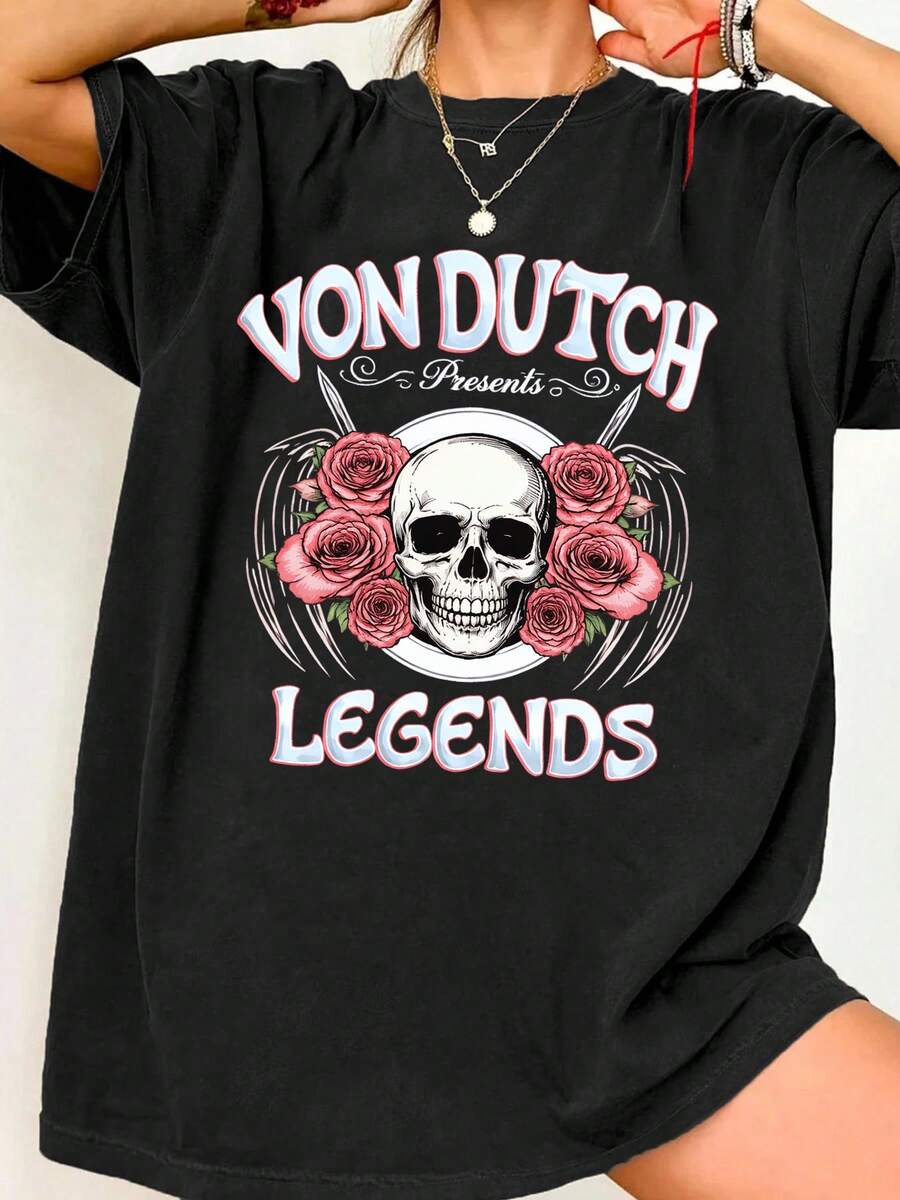 Van Dutch Presents Skull Roses "Legends" Vintage Oversized Graphic Tee Women's Short Sleeve Pure Cotton T-Shirt Loose Fit, Tattoo Streetwear Retro Gothic Aesthetic Baggy 100% Cotton Pullover Gift - màu đen - Xem 1