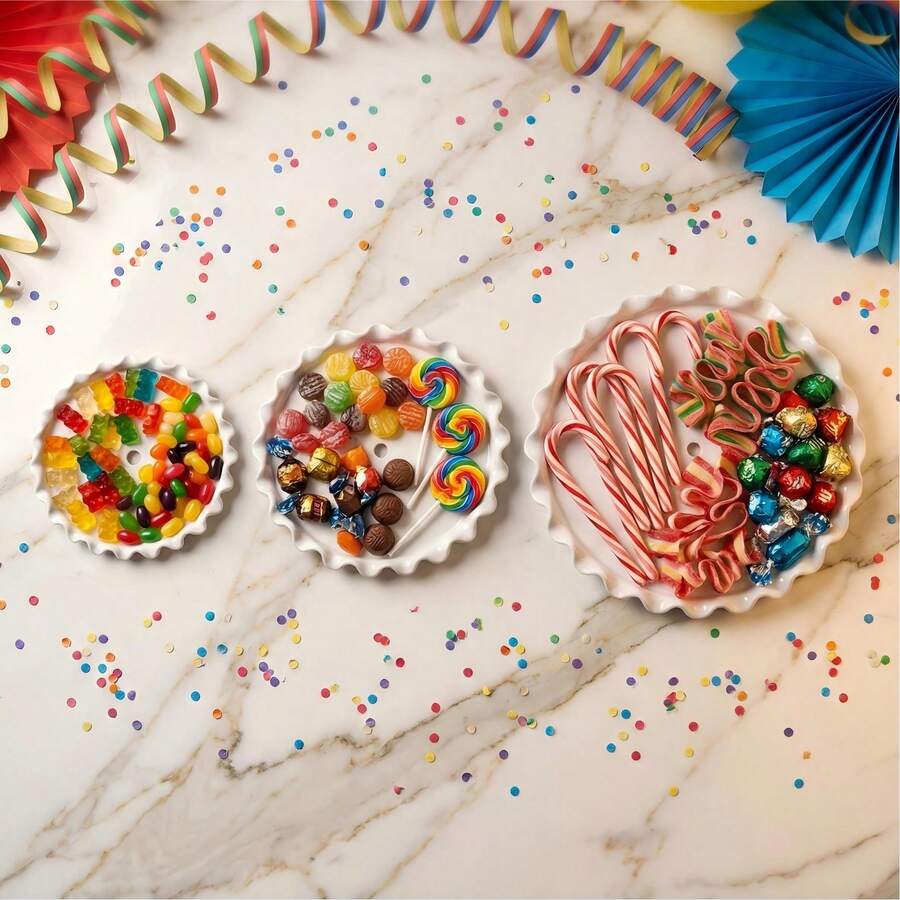 3 PiecesWhite Scalloped Serving Platter Set, Ideal For Party Candy & Snack Display - Three White Fruit Platters - View 1